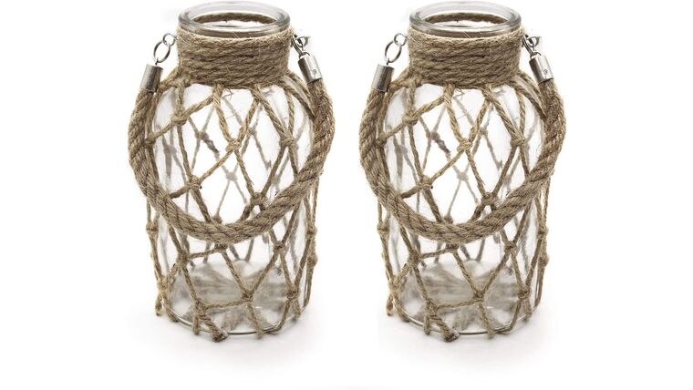 Rustic Hanging Mason Nautical Jar Rope Net Dry Flower Glass Vase with Handle | Rental