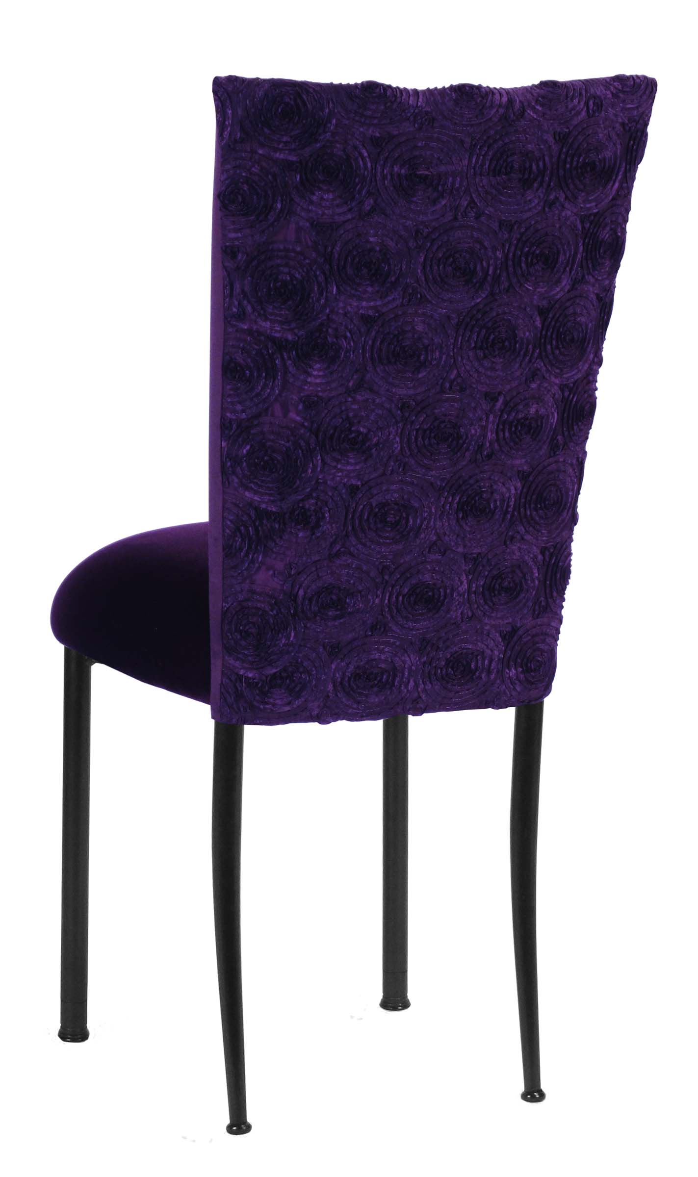 Aubergine Circle Ribbon Taffeta Chair Cover with Eggplant Velvet Cushion on Brown Legs – Chameleon Chair Collection | Rental