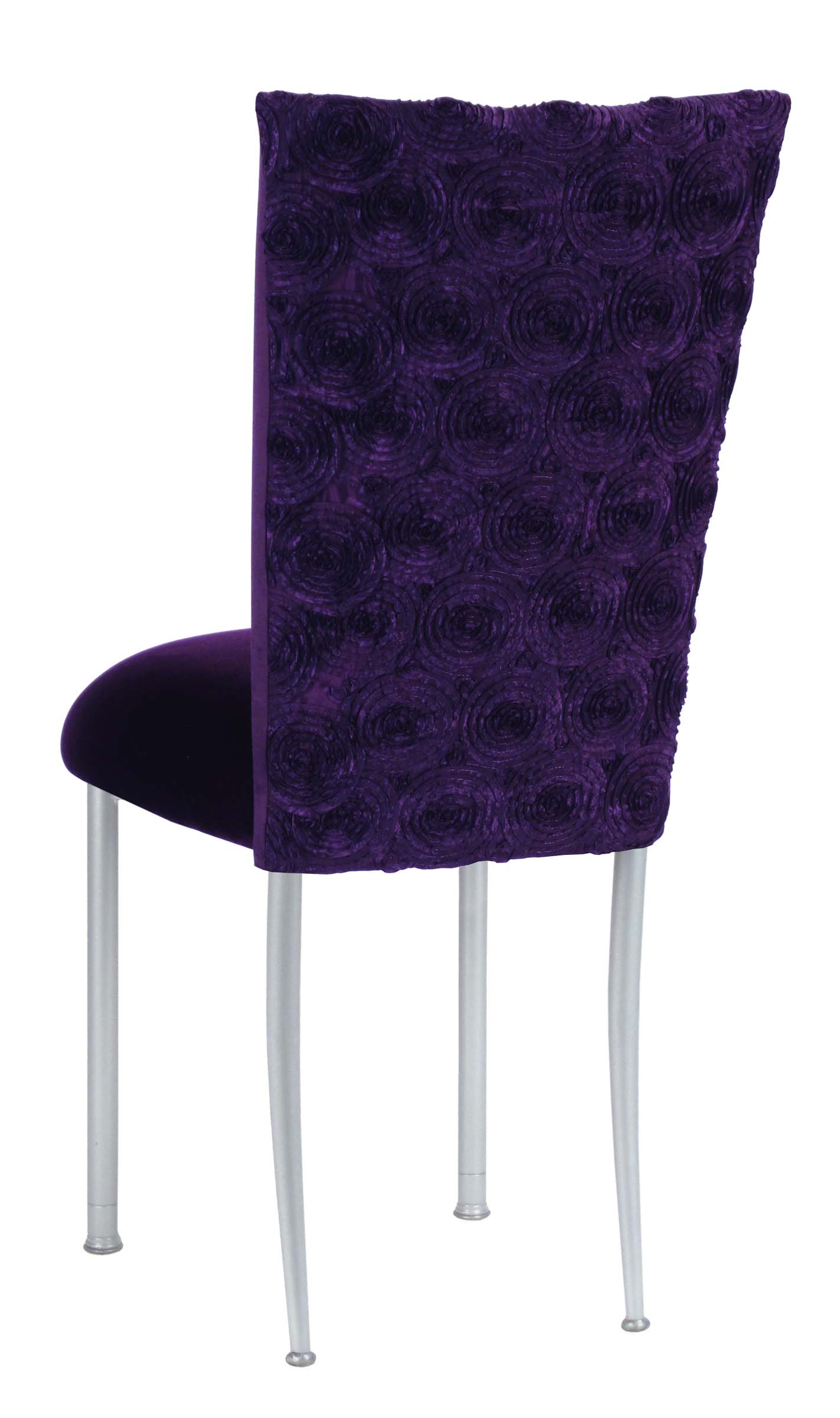 Aubergine Circle Ribbon Taffeta Chair Cover with Eggplant Velvet Cushion on Silver Legs – Chameleon Chair Collection | Rental