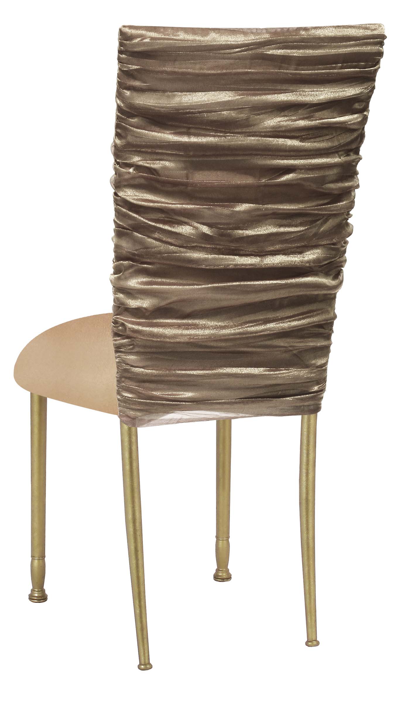 Beige Demure Chair Cover with Beige Stretch Knit Cushion on Gold Legs – Chameleon Chair Collection | Rental Beige Demure Chair Cover with Beige Stretch Knit Cushion on Gold Legs – Chameleon Chair Collection | Rental