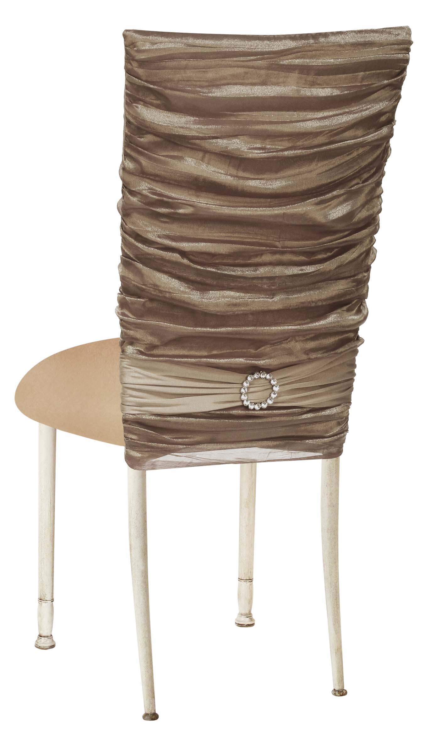 Beige Demure Chair Cover with Jeweled Band and Beige Stretch Knit Cushion on Ivory Legs – Chameleon Chair Collection | Rental