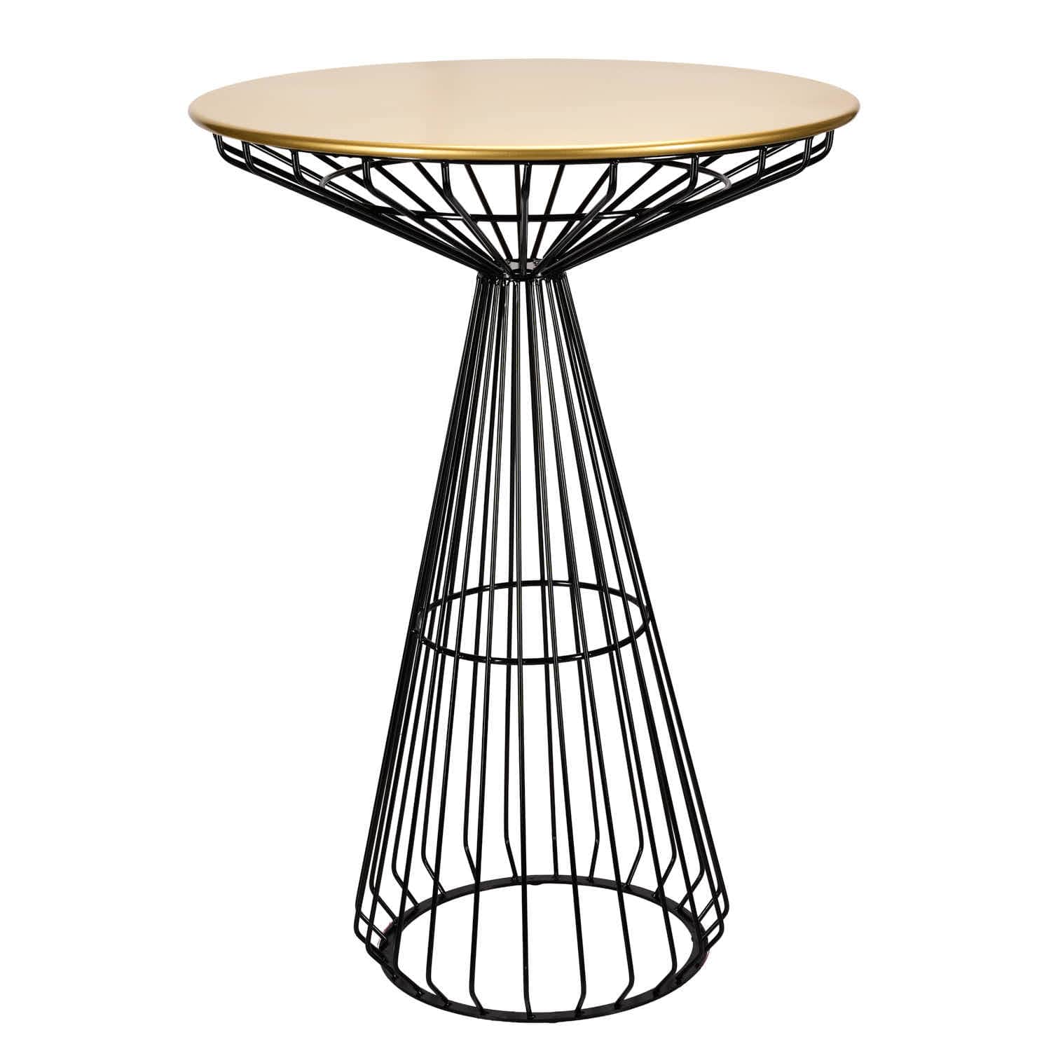 Black Wire Cocktail Table with 32″ Round Gold Top and Sleek Black Steel Base | Rental