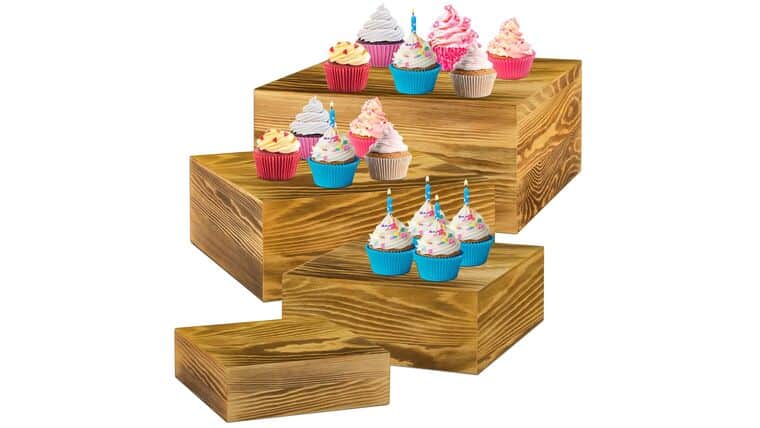 Set Of 4 Wood Display Risers | Rustic Brown | Rental