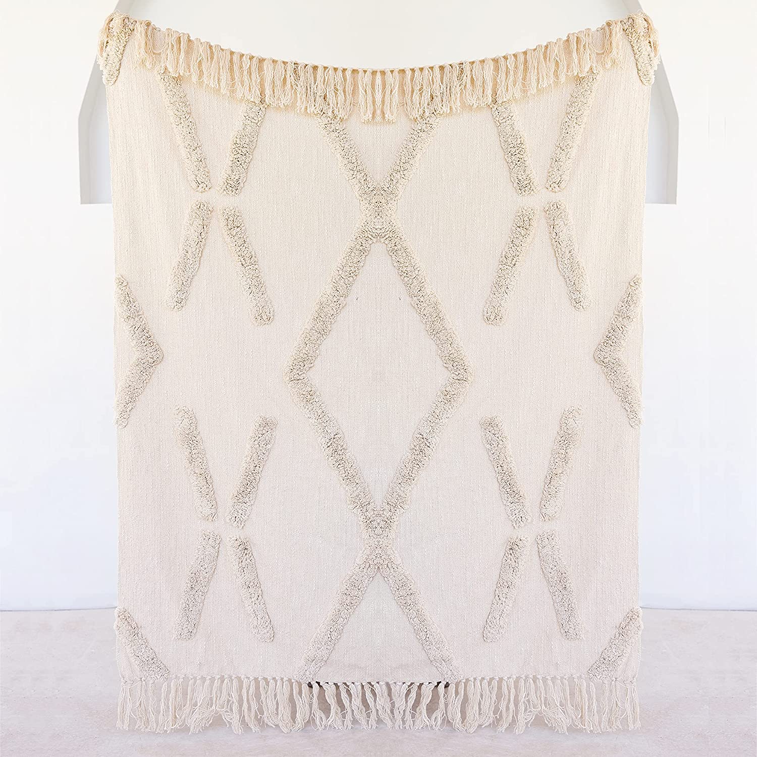 Bohemian Natural White Throw Blanket for Bed Couch & Dorm 50″ x 60″ | Style 1 | Rental