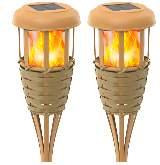 Evelynsun Flickering Flames Solar Powered Lights – Upgraded Solar Torches Waterproof Outdoor Decorative Lighting Auto On/Off, Handmade Bamboo Finish | Rental