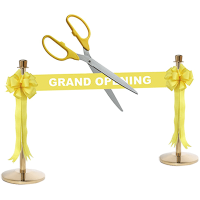 Ribbon Cutting Kit | Grand Opening Ceremony Gloss Yellow Ribbon, Scissors, Bows & Stanchions | Rental