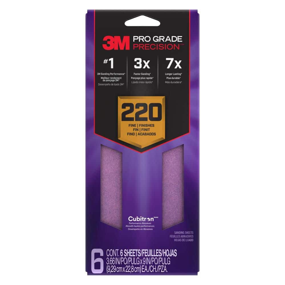3M — Pro Grade Precision 3 2/3 in. x 9 in. Fine 220-Grit Sheet Sandpaper (6-Pack) | Rental