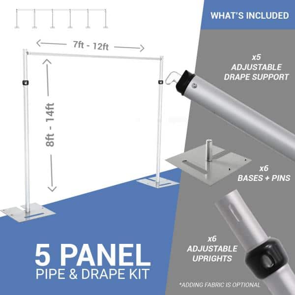5-Panel Pipe and Drape Kit / Backdrop – 8-14 Feet Tall (Adjustable) | Rental