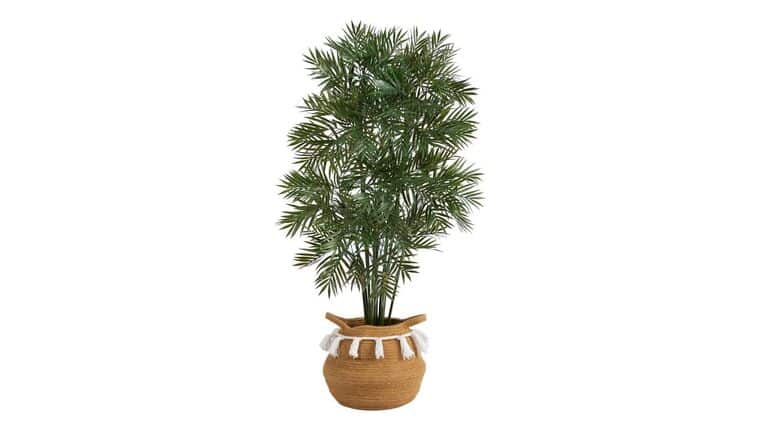 4′ Parlor Palm Artificial Tree in Boho Chic Handmade Natural Cotton Woven Planter with Tassels | Rental