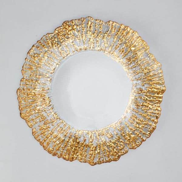 Decostar™ Glass Reef Charger Plate 13″ – 8 Pack – Clear w/ Gold Rim | Rental