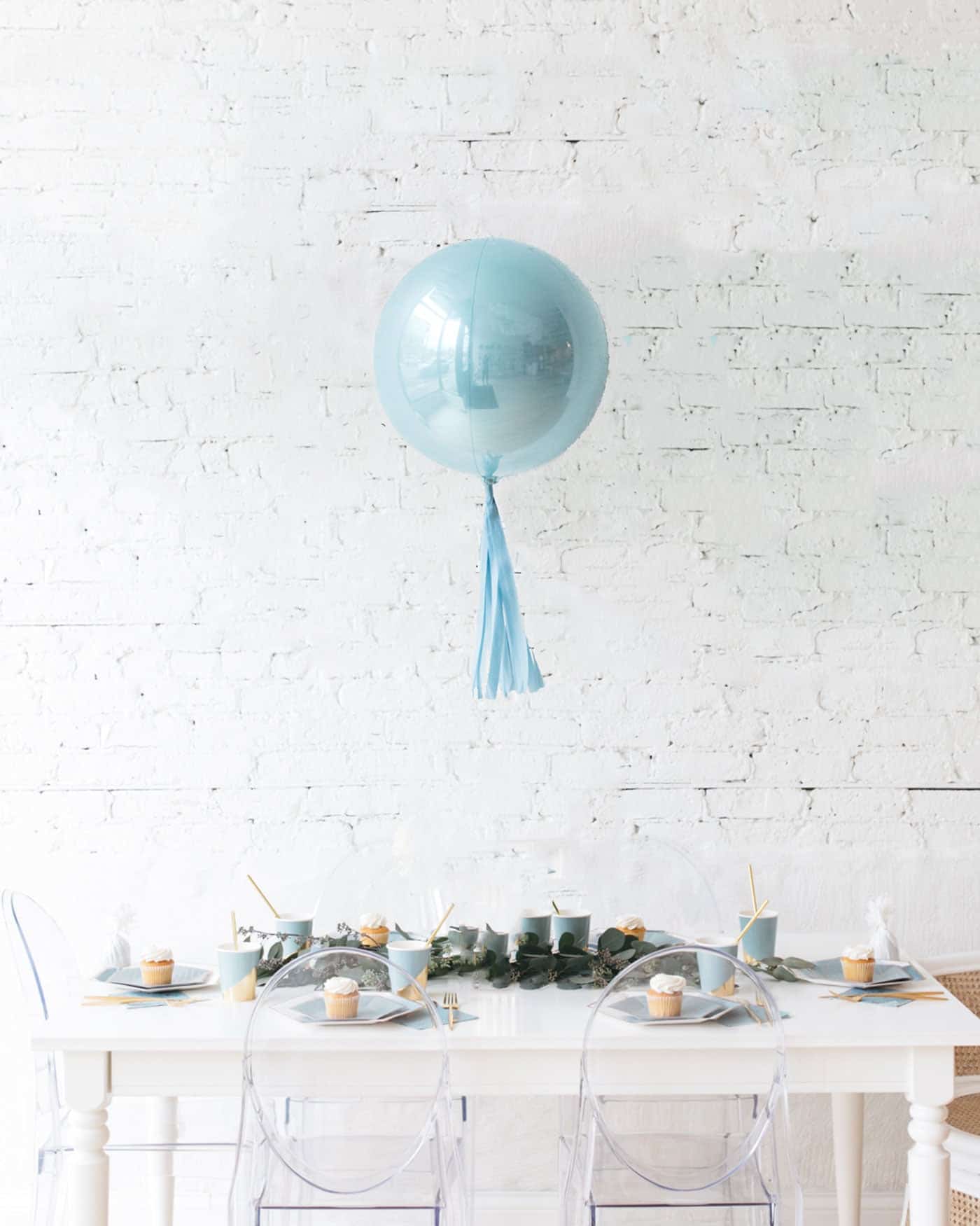 16in Pastel Blue Orb Foil Balloon and French Blue Skirt Centerpiece | Rental
