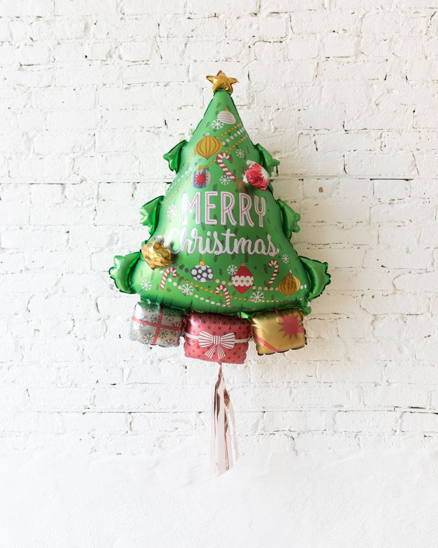 34in Christmas Tree Foil Balloon with Rose Gold Skirt | Rental
