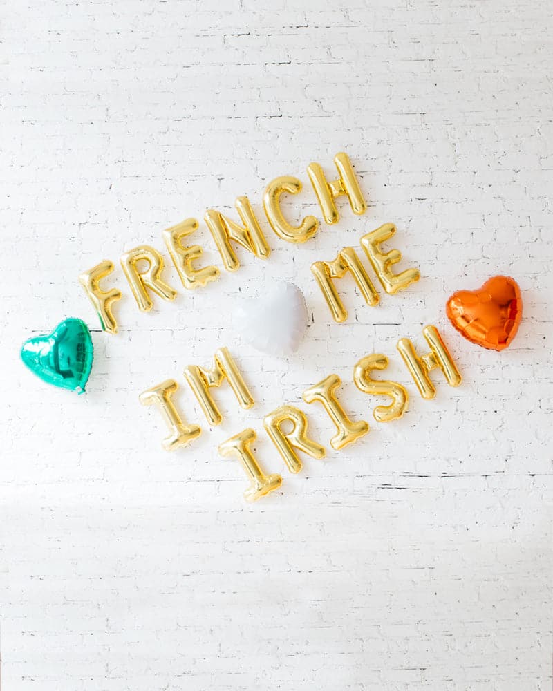 St. Patrick’s Day – 16in Gold FRENCH ME, IM IRISH Foil Letters and hearts Set | Rental St. Patrick’s Day – 16in Gold FRENCH ME, IM IRISH Foil Letters and hearts Set | Rental
