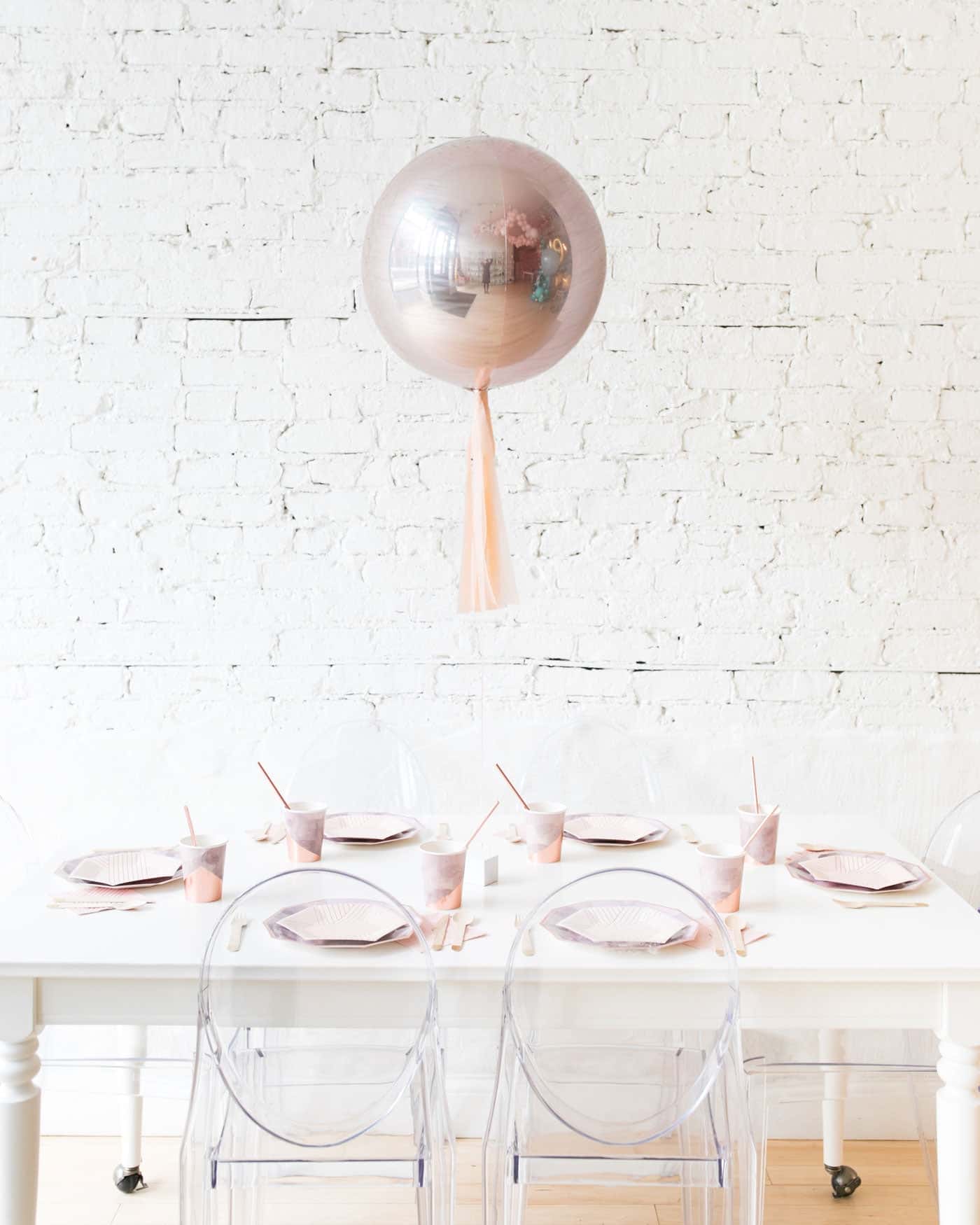 16in Rose Gold Orb Foil Balloon and Blush Skirt Centerpiece | Rental