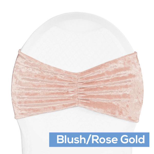 Premade Velvet Ruffle Stretch Chair Band – Blush/Rose Gold | Rental