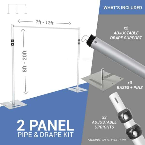 DELUXE-2 Panel Pipe and Drape Kit / Backdrop – 8-20 Feet Tall (Adjustable) Comes W/ 3 Piece Uprights for Maximum Height Adjustment | Rental