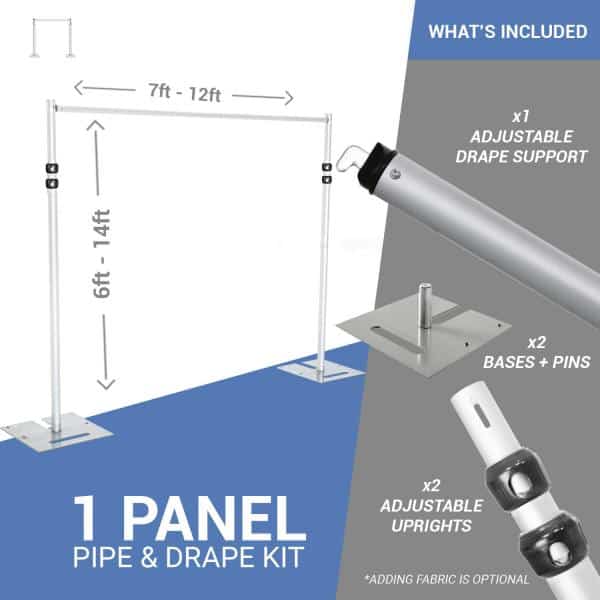DELUXE-Single Panel Pipe and Drape Kit / Backdrop – 6-14 Feet Tall (Adjustable) Comes W/ 3 Piece Uprights for Maximum Height Adjustment | Rental DELUXE-Single Panel Pipe and Drape Kit / Backdrop – 6-14 Feet Tall (Adjustable) Comes W/ 3 Piece Uprights for Maximum Height Adjustment | Rental