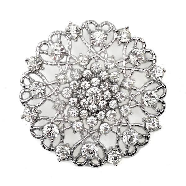 DecoStar™ Ornate Diamond-Encrusted Round Brooch in Silver | Rental