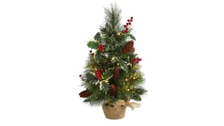 18” Mixed Pine Artificial Christmas Tree with Holly Berries, Pinecones, 35 Clear LED Lights and Burlap Base | Rental