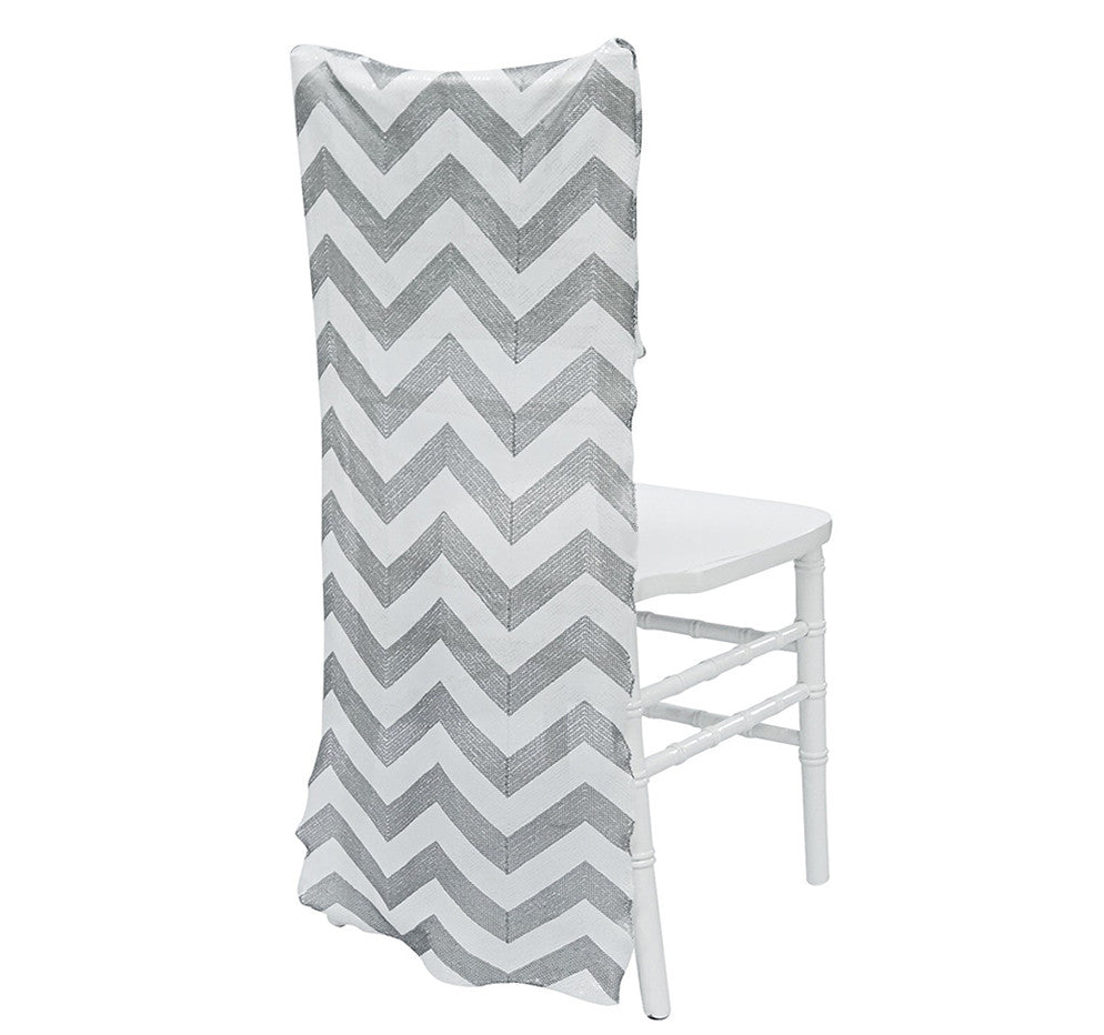 Chevron Sequins Chair Back – Silver/White | Rental