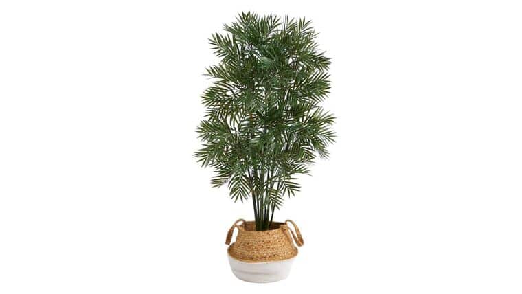 4' Parlor Palm Artificial Tree in Boho Chic Handmade Cotton & Jute White Woven Planter | Rental