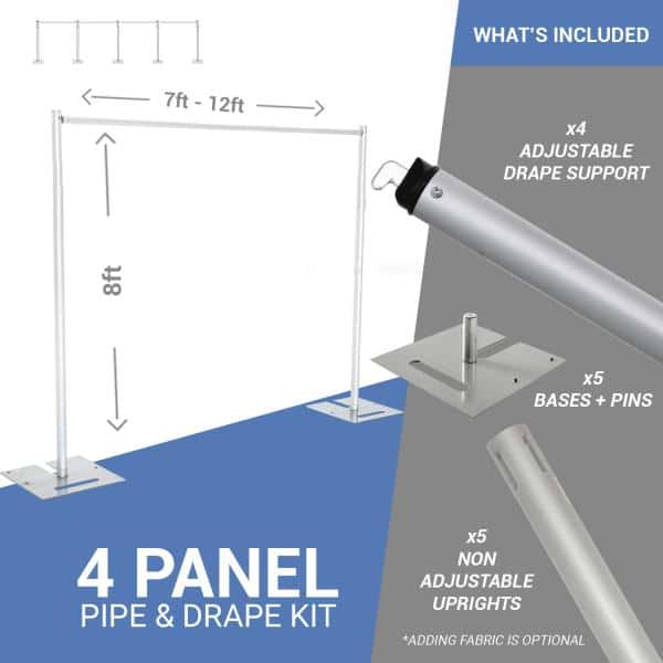 4-Panel Pipe and Drape Kit / Backdrop - 8ft Tall (Non-Adjustable - 1.5" Break Apart Uprights)