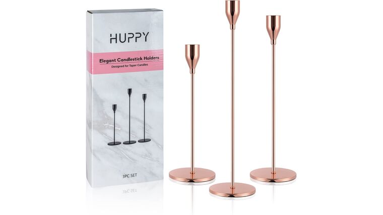 Set of 3 Designed for Taper Candles, Decorative Candlestick Holder for Wedding, Dinning, Party, Fits 3/4 inch Thick Candle & Led Candles (Metal Candle Stand) (Rose Gold) | Rental
