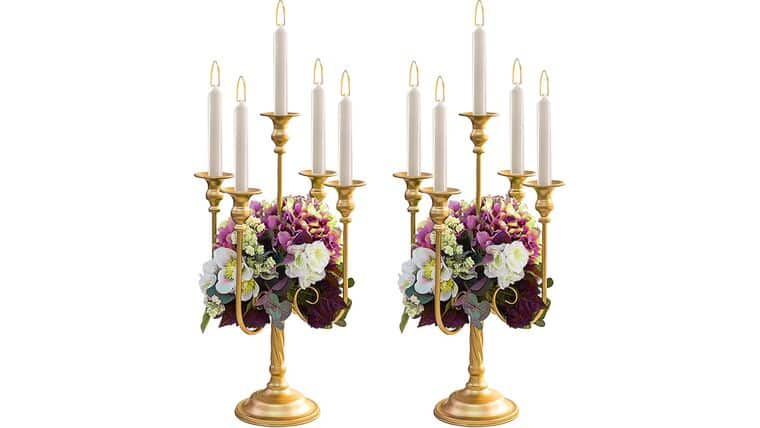 Metal Candelabra Gold Candle Stand 20in Tall, 5-Candle Candlestick Holder for Taper Candles, Candle Holder for Wedding Centerpiece Christmas Valentine Holiday Party Event Reception Decor | Rental