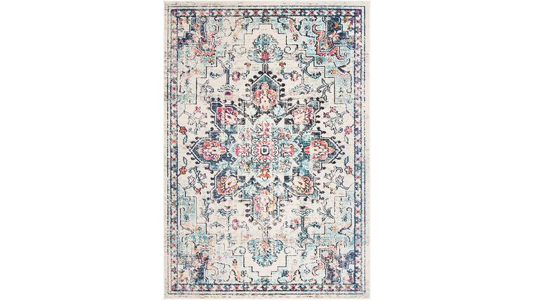Boho Chic Vintage Distressed Medallion Area Rug | 5′ 3″ x 7′ 6″ | Cream/Blue | Rental