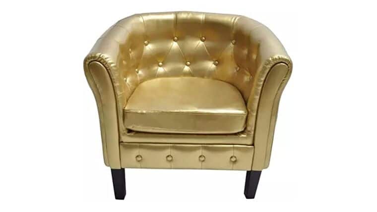 Club Chair – vidaXL Gold Artificial Leather Tub/Barrel Design Club Chair w/Tufted Button Accents | Rental Club Chair – vidaXL Gold Artificial Leather Tub/Barrel Design Club Chair w/Tufted Button Accents | Rental