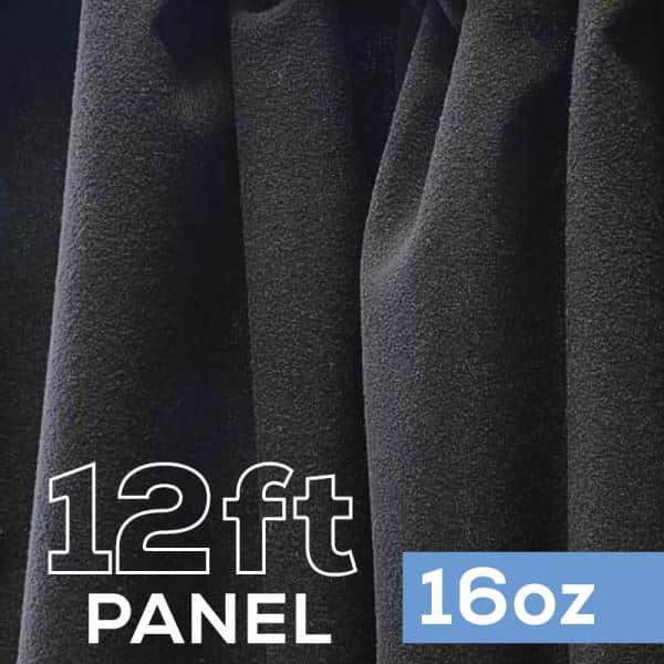 16oz. Fire Retardant Duvetyne/Commando Cloth – Sewn Drape Panel w/ 4″ Rod Pockets – 12ft in Black | Rental