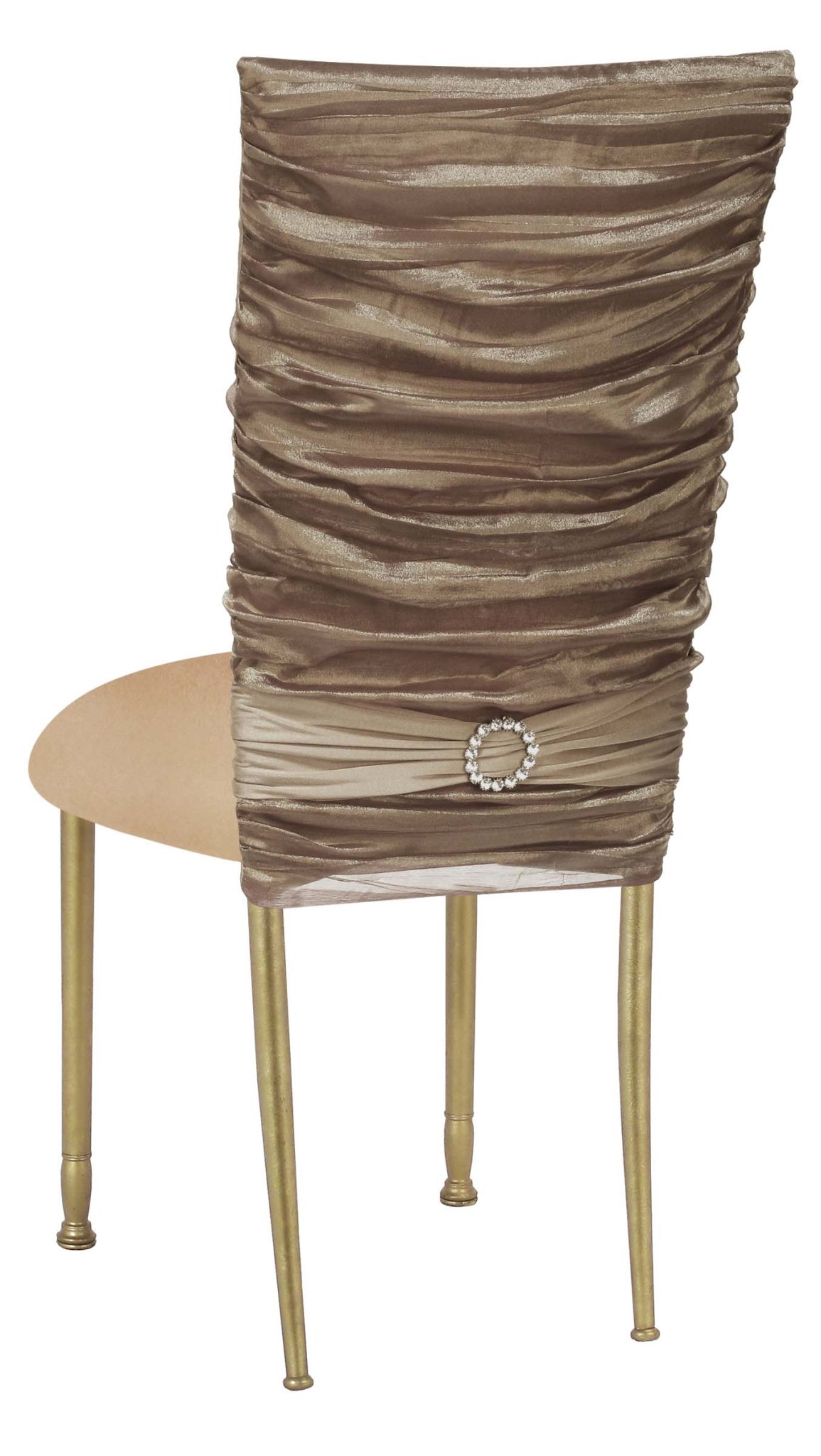Beige Demure Chair Cover with Jeweled Band and Beige Stretch Knit Cushion on Gold Legs - Chameleon Chair Collection | Rental