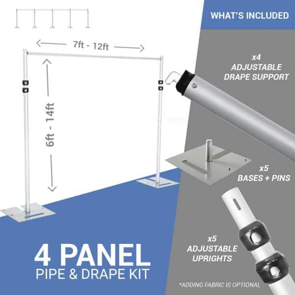 DELUXE-4 Panel Pipe and Drape Kit / Backdrop – 6-14 Feet Tall (Adjustable) Comes W/ 3 Piece Uprights for Maximum Height Adjustment | Rental